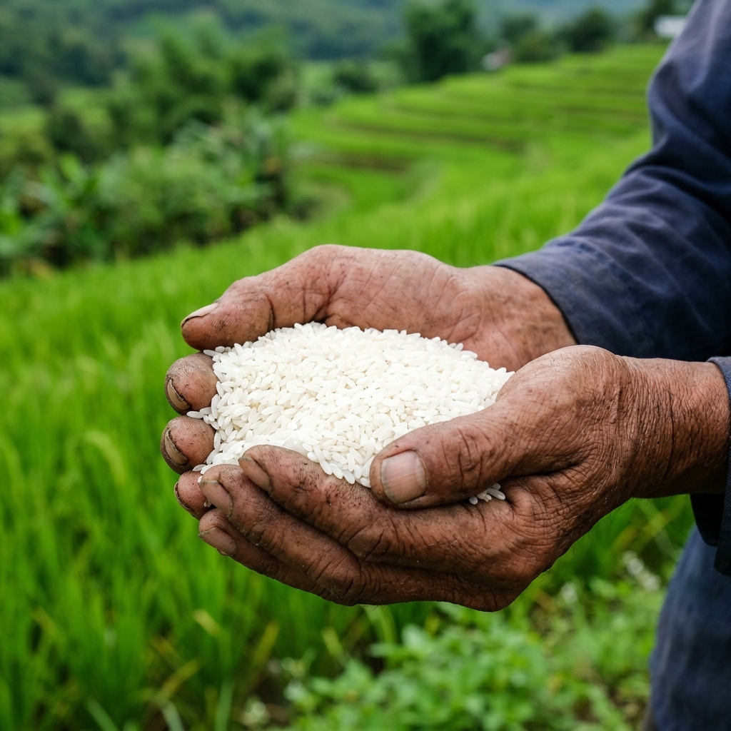 A farmer's weathered hands cradling freshly harvested white rice grains